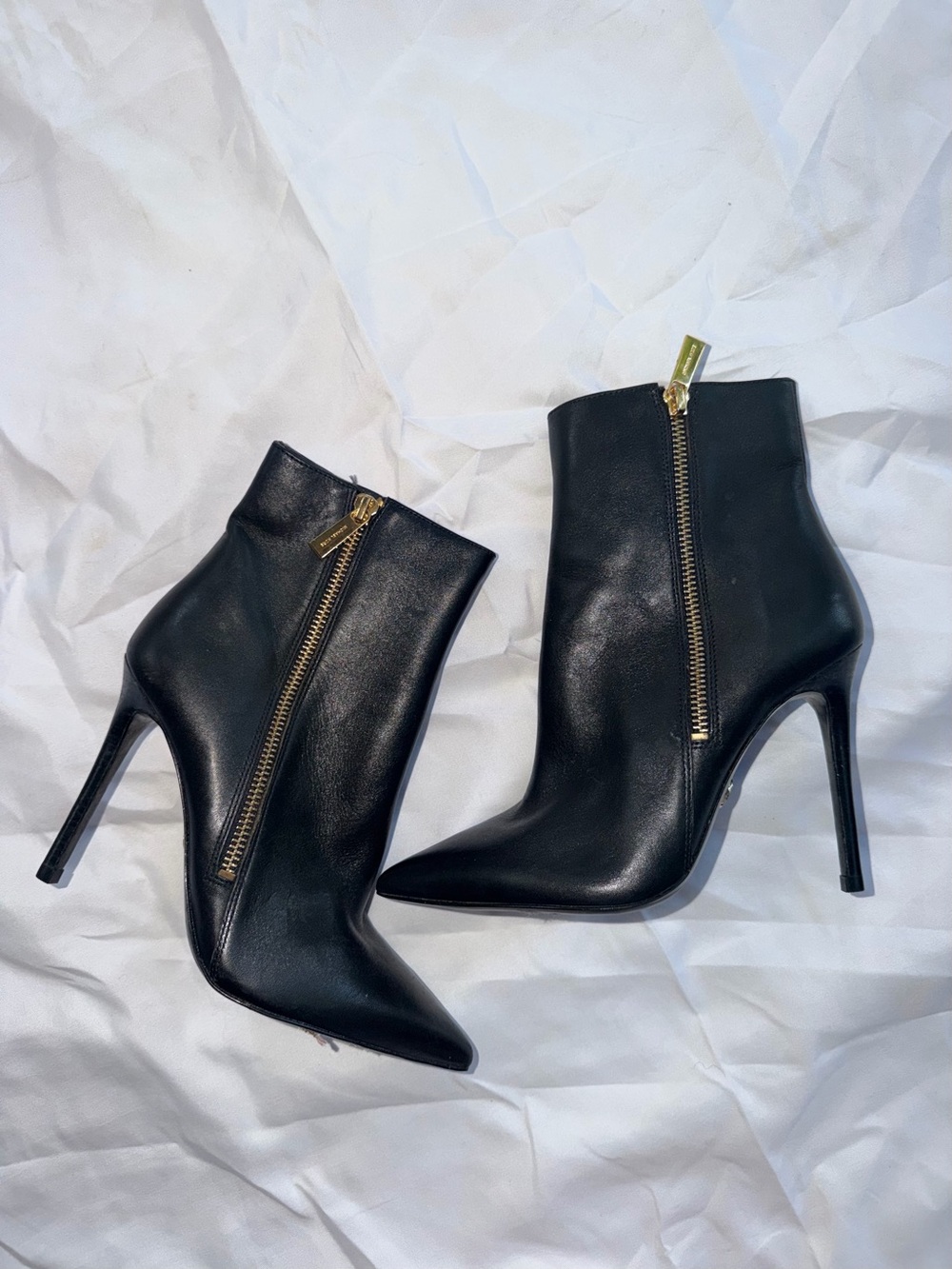 Michael Kors Black Leather Pointed Stiletto Ankle Booties with Gold Zippers